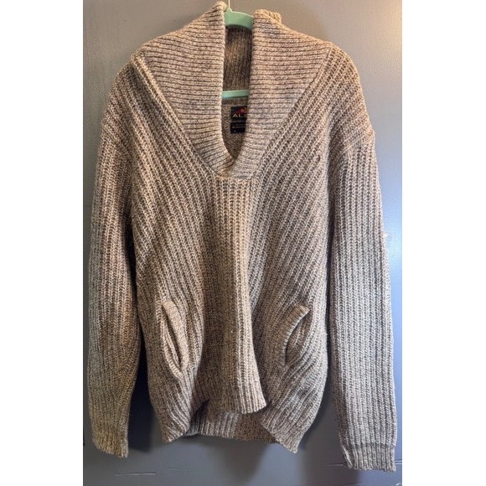 Vintage Alps‎ Pure Wool Shawl Collar Sweater Heather Gray Chunky Knit Mens L